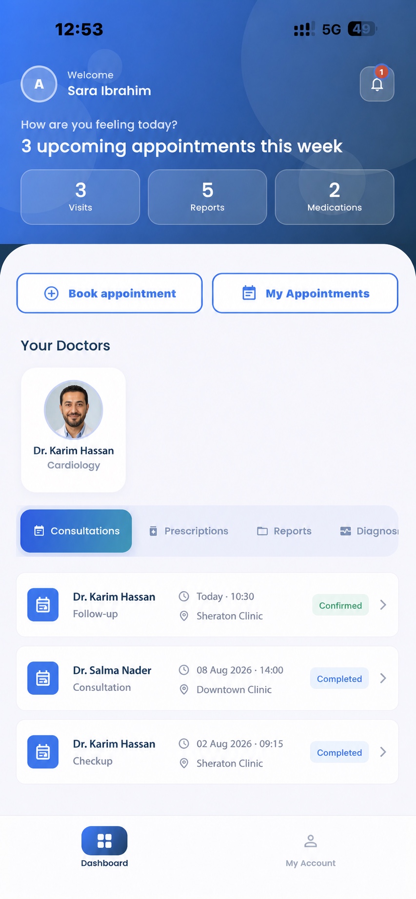 Current PatientBook patient dashboard with upcoming appointments and a fictional doctor